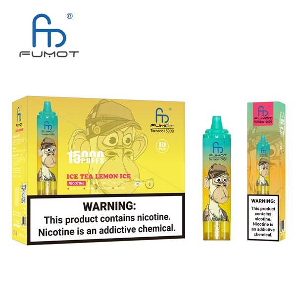 Fumot Tornado 15000 Puffs Vape featuring the flavor ice tea lemon ice and showing the vape and vape packaging.
