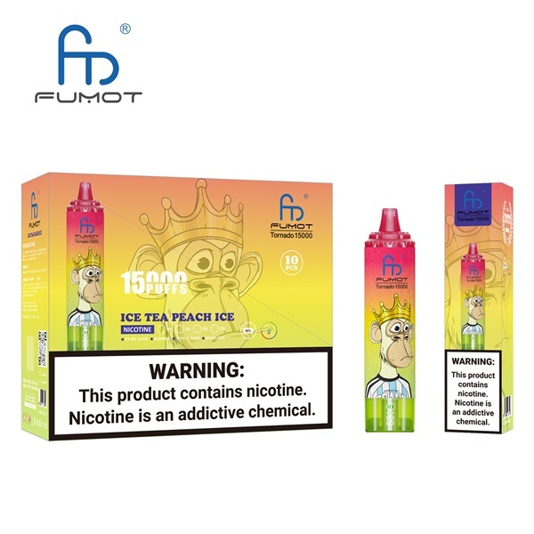 Fumot Tornado 15000 Puffs Vape featuring the flavor ice tea peach ice and showing the vape and vape packaging.