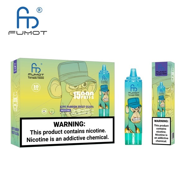 Fumot Tornado 15000 Puffs Vape featuring the flavor kiwi passion fruit guava and showing the vape and vape packaging.