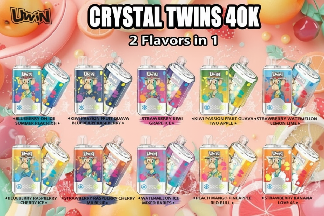 UWin RandM Crystal Twins 40k puffs vape showing the vape in various flavor