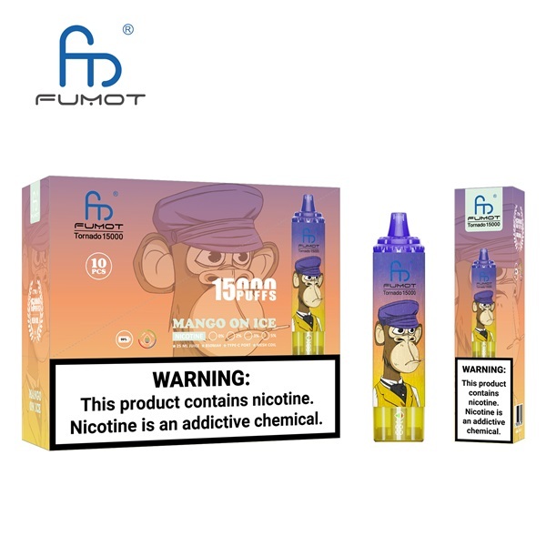 Fumot Tornado 15000 Puffs Vape featuring the flavor mango on ice and showing the vape and vape packaging.