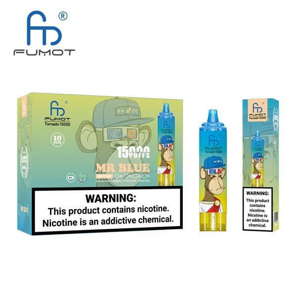 Fumot Tornado 15000 Puffs Vape featuring the flavor mr blue and showing the vape and vape packaging.