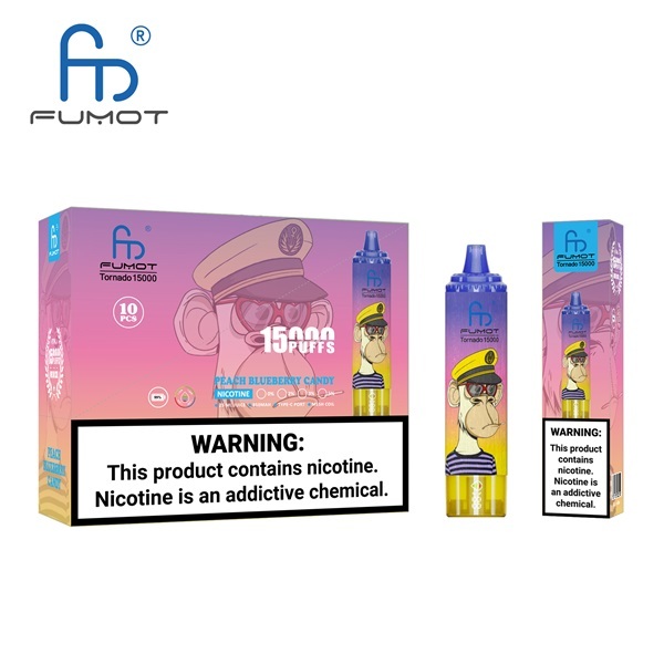 Fumot Tornado 15000 Puffs Vape featuring the flavor peach blueberry candy and showing the vape and vape packaging.