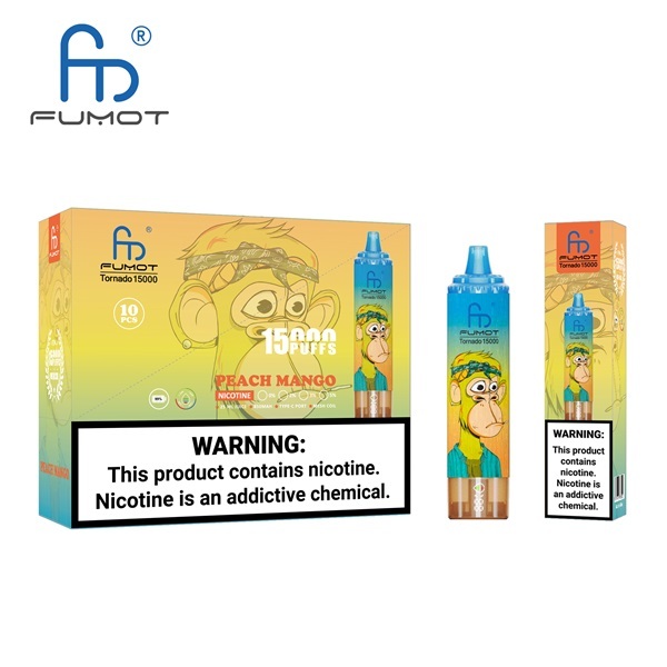 Fumot Tornado 15000 Puffs Vape featuring the flavor peach mango and showing the vape and vape packaging.