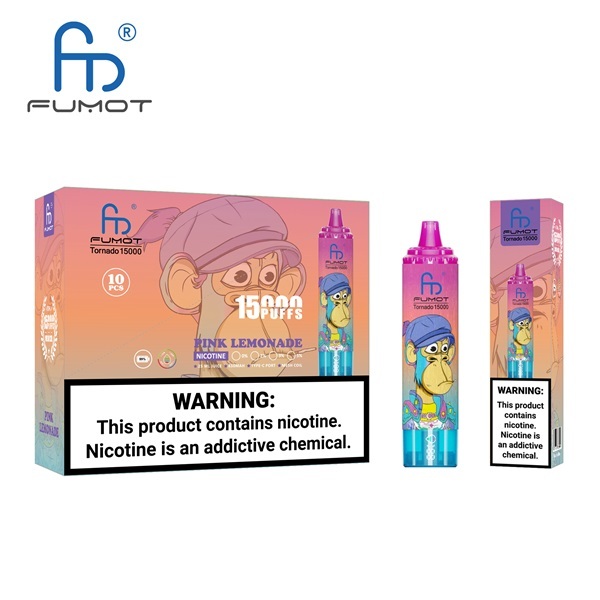Fumot Tornado 15000 Puffs Vape featuring the flavor pink lemonade and showing the vape and vape packaging.