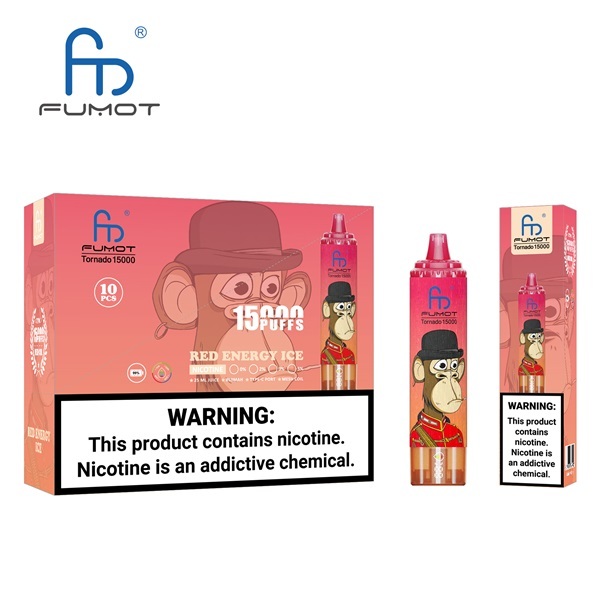 Fumot Tornado 15000 Puffs Vape featuring the flavor red energy ice and showing the vape and vape packaging.