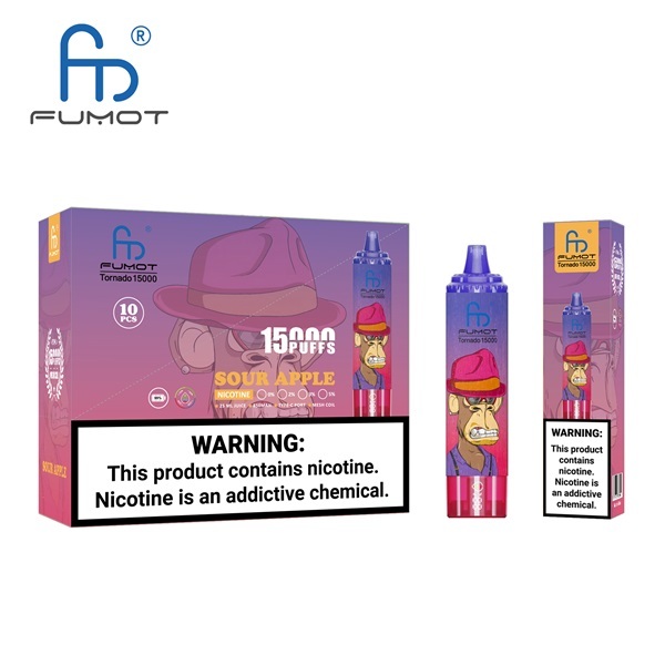 Fumot Tornado 15000 Puffs Vape featuring the flavor sour apple and showing the vape and vape packaging.