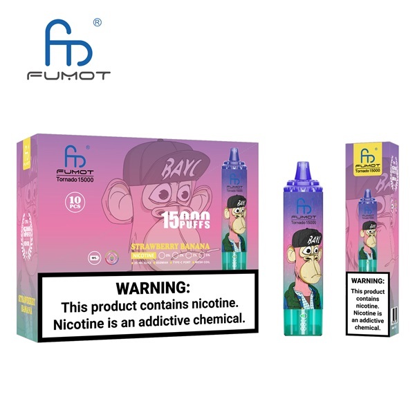 Fumot Tornado 15000 Puffs Vape featuring the flavor strawberry banana and showing the vape and vape packaging.