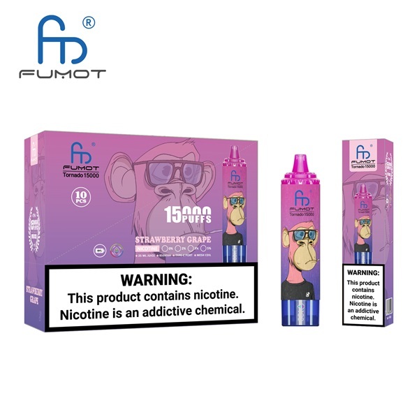 Fumot Tornado 15000 Puffs Vape featuring the flavor strawberry grape and showing the vape and vape packaging.