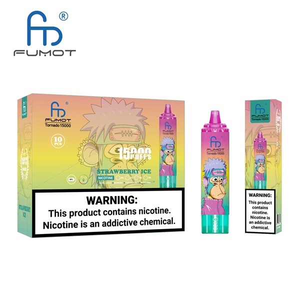 Fumot Tornado 15000 Puffs Vape featuring the flavor strawberry ice and showing the vape and vape packaging.