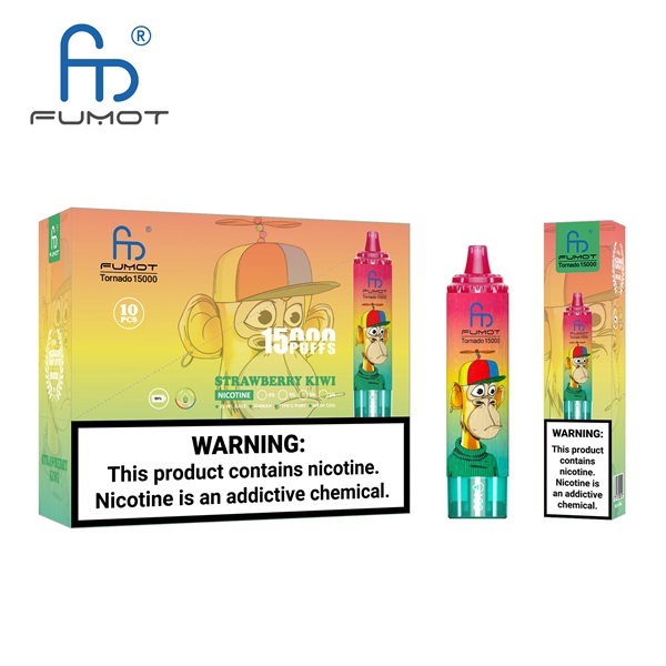 Fumot Tornado 15000 Puffs Vape featuring the flavor strawberry kiwi and showing the vape and vape packaging.