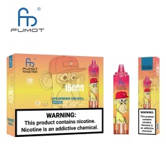 Fumot Tornado 15000 Puffs Vape featuring the flavor strawberry red bull and showing the vape and vape packaging.