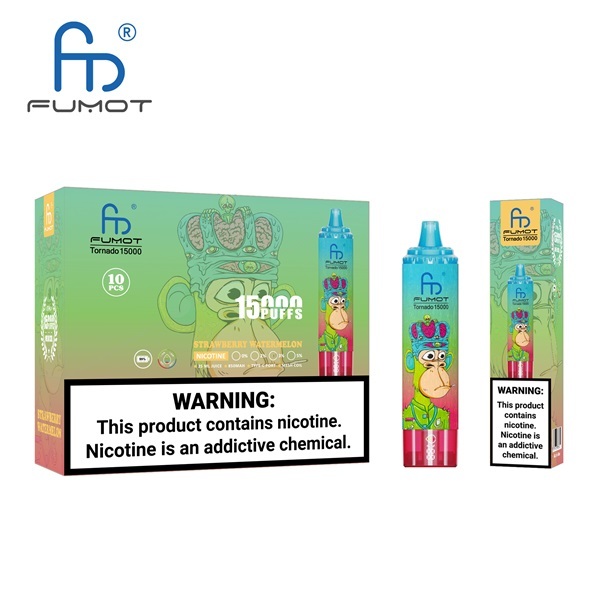 Fumot Tornado 15000 Puffs Vape featuring the flavor strawberry watermelon and showing the vape and vape packaging.