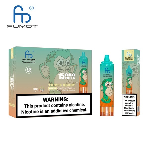 Fumot Tornado 15000 Puffs Vape featuring the flavor triple berry and showing the vape and vape packaging.