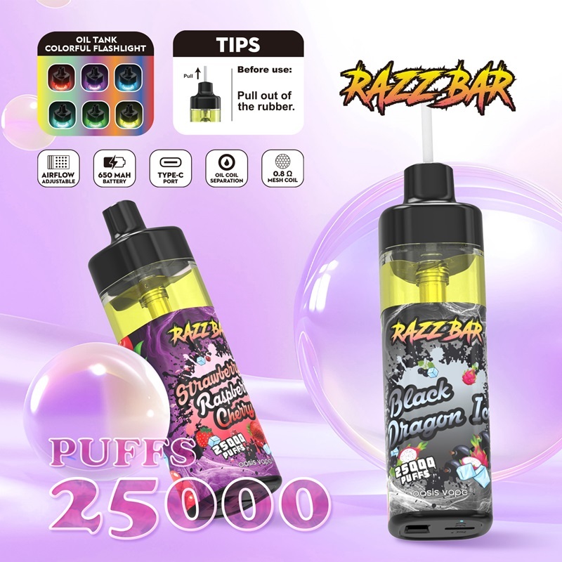 Razz Bar 25K Puffs Vape, highlighting Strawberry Raspberry Cherry and Black Dragon Ice flavor options.