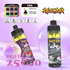 Razz Bar 25K Puffs Vape, highlighting Strawberry Raspberry Cherry and Black Dragon Ice flavor options.