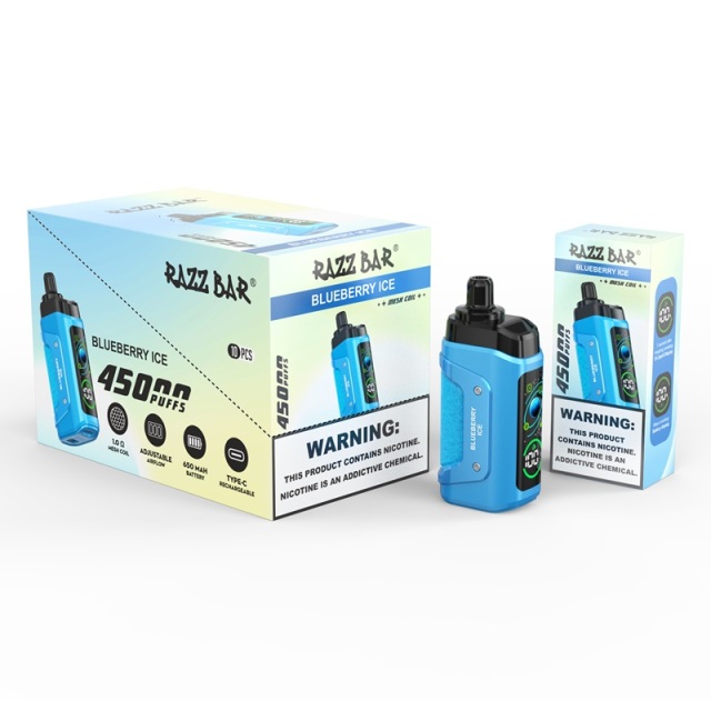 Razz Bar 45,000 Puffs Vape in flavor, blueberry ice featuring the vape and the box of the vape.