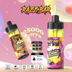 Razz Bar 25K Puffs Vape showcasing Strawberry Banana and Tropical Fruit flavors, with usage tips and features highlighted.