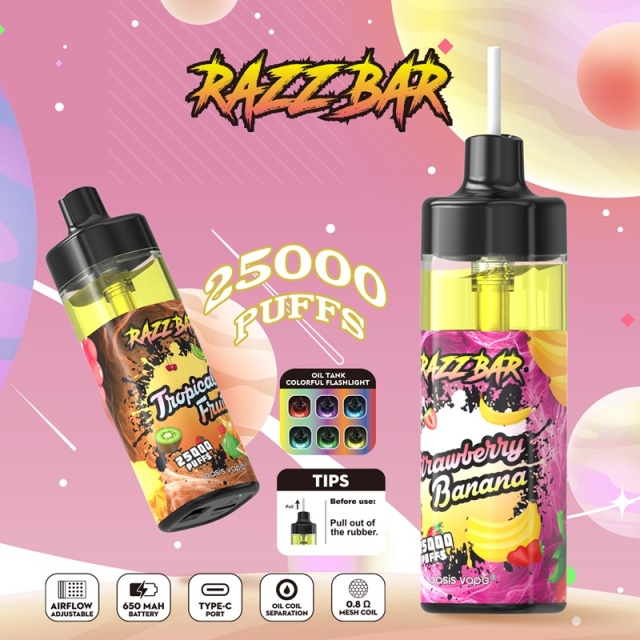 Razz Bar 25K Puffs Vape showcasing Strawberry Banana and Tropical Fruit flavors, with usage tips and features highlighted.