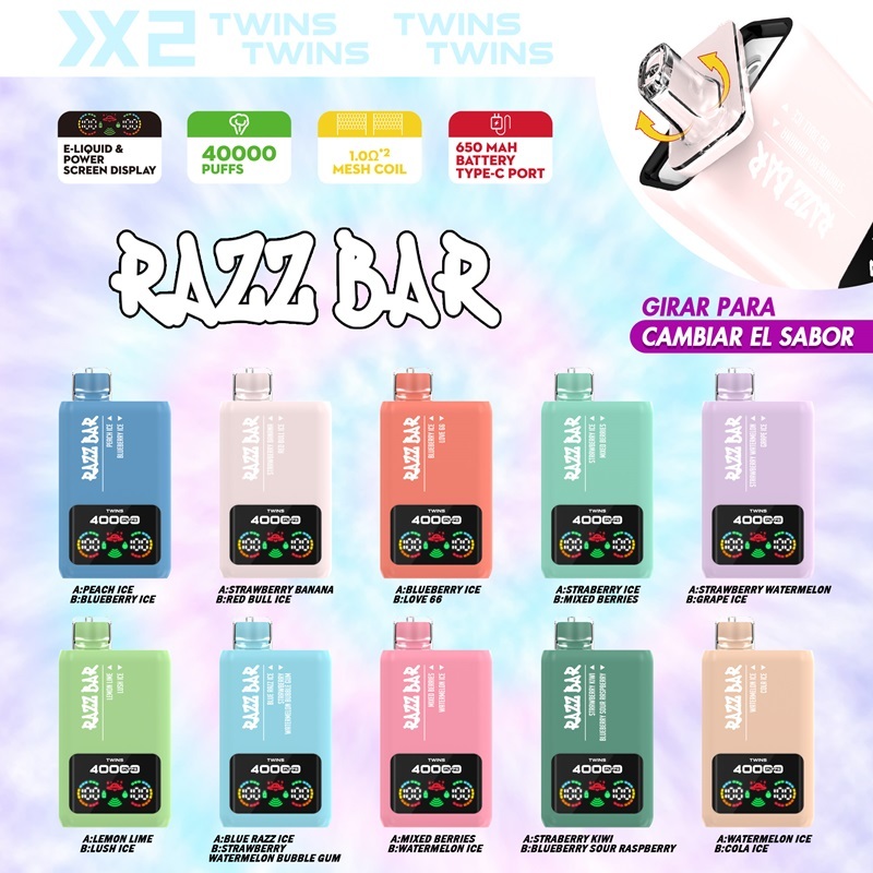 Razz Bar 40K Puffs Vape kit displayed in various colors, showcasing flavors and features of the vape device.