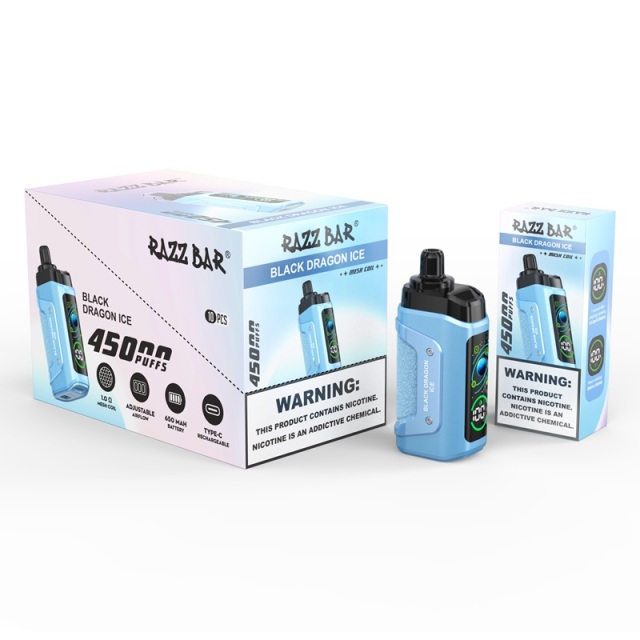 Razz Bar 45,000 Puffs Vape in flavor, black dragon ice featuring the vape and the box of the vape.