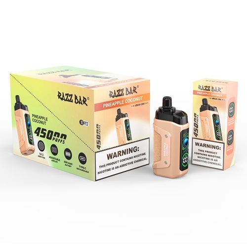 Razz Bar 45,000 Puffs Vape in flavor, pineapple coconut featuring the vape and the box of the vape.