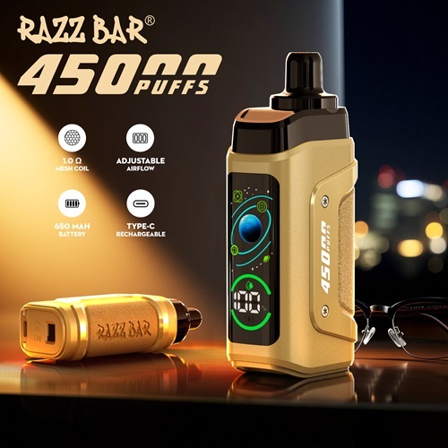 Razz Bar 45,000 Puffs Vape featuring the vape and the features of the vape.