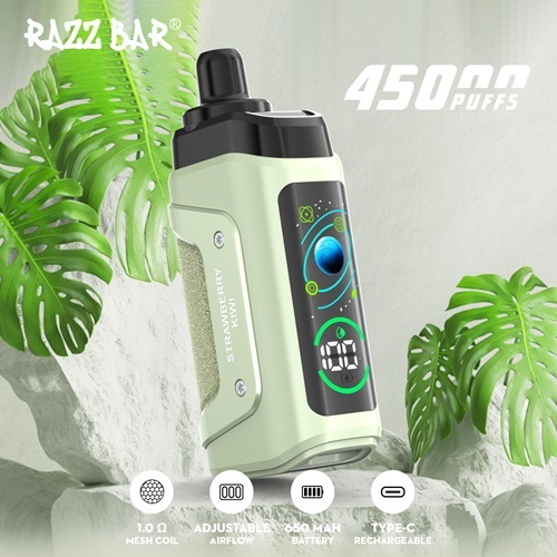 Razz Bar 45,000 Puffs Vape in flavor, strawberry kiwi featuring the vape and the features of the vape.