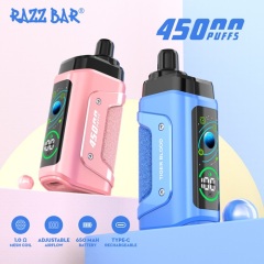 Razz Bar 45,000 Puffs Vape featuring the two flavors standing of the vape and the features of the vape.