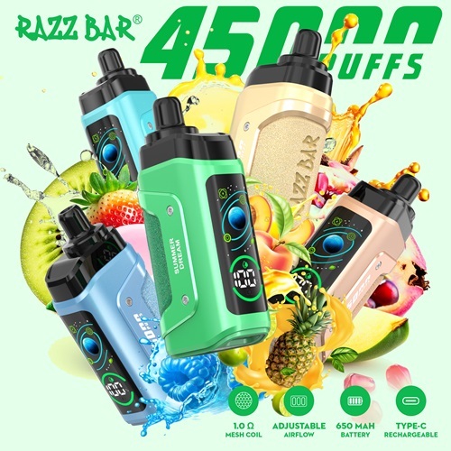 Razz Bar 45,000 Puffs Vape showing 5 vapes prominently showing the 5 vapes and the features of the vape.