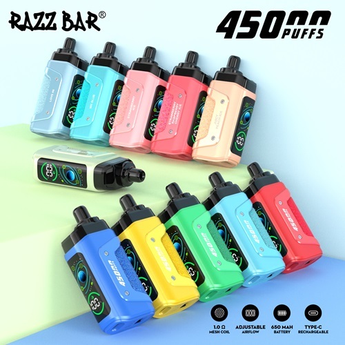 Razz Bar 45,000 Puffs Vape showing the 10 flavors of the vape and showing the features of the vape.
