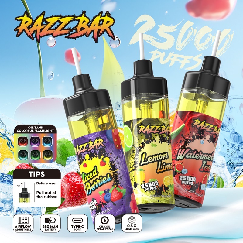 Razz Bar vape showcasing Mixed Berries, Lemon Lime, and Watermelon Ice flavors, with usage tips and features highlighted.