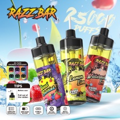 Razz Bar vape showcasing Mixed Berries, Lemon Lime, and Watermelon Ice flavors, with usage tips and features highlighted.