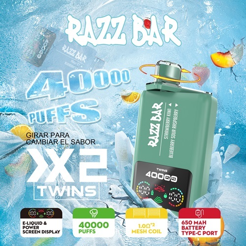Razz Bar twin vape device featuring Strawberry Kiwi and Blueberry Sour Raspberry flavors, showcasing dual tank design and the vapes' features.