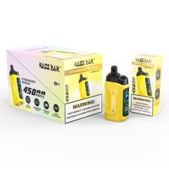 Razz Bar 45,000 Puffs Vape in flavor, strawberry banana featuring the vape and the box of the vape.