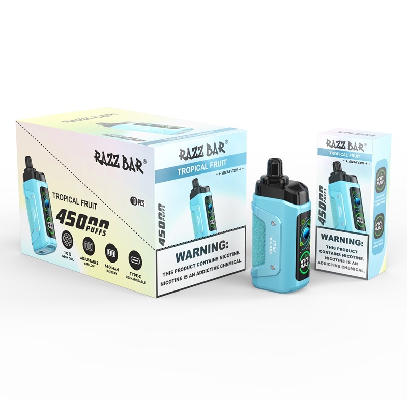Razz Bar 45,000 Puffs Vape in flavor, tropical fruit featuring the vape and the box of the vape.
