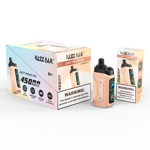 Razz Bar 45,000 Puffs Vape in flavor, juicy peach ice featuring the vape and the box of the vape.