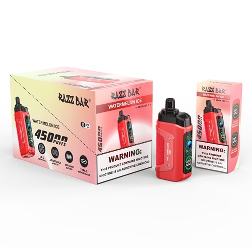 Razz Bar 45,000 Puffs Vape in flavor, watermelon ice featuring the vape and the box of the vape.