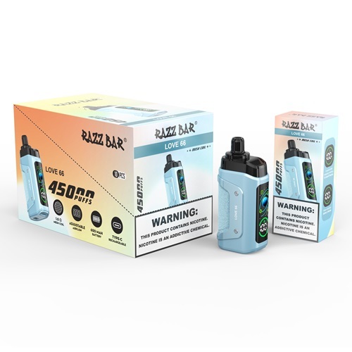 Razz Bar 45,000 Puffs Vape in flavor, love 66 featuring the vape and the box of the vape.