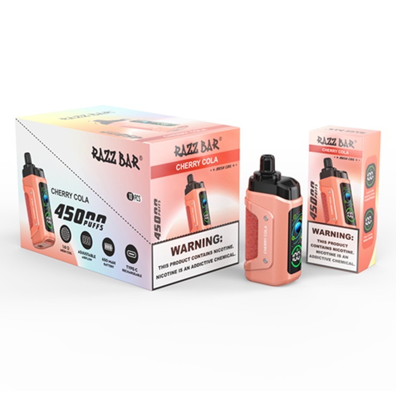 Razz Bar 45,000 Puffs Vape in flavor, cherry cola featuring the vape and the box of the vape.