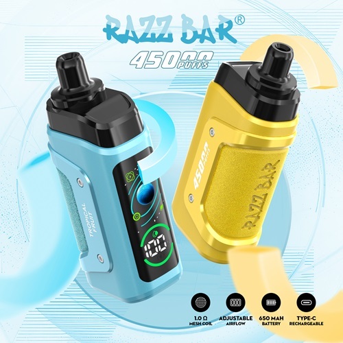 Razz Bar 45,000 Puffs Vape featuring the two flavors of the vape and the features of the vape.