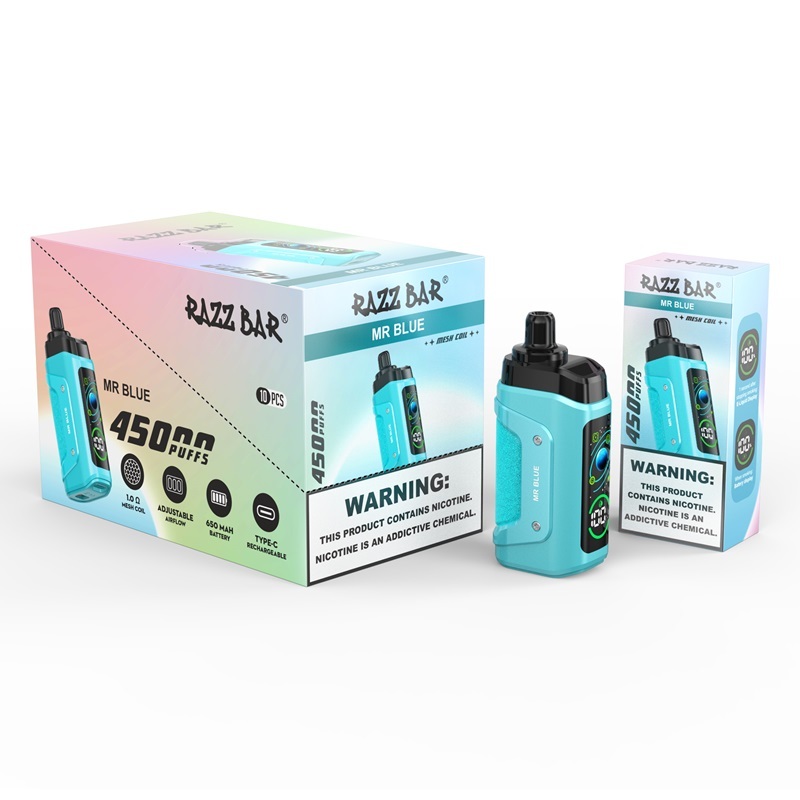 Razz Bar 45,000 Puffs Vape in flavor, Mr Blue featuring the vape and the box of the vape.