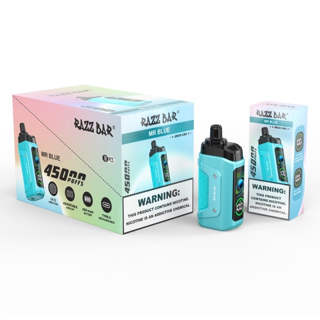 Razz Bar 45,000 Puffs Vape in flavor, Mr Blue featuring the vape and the box of the vape.