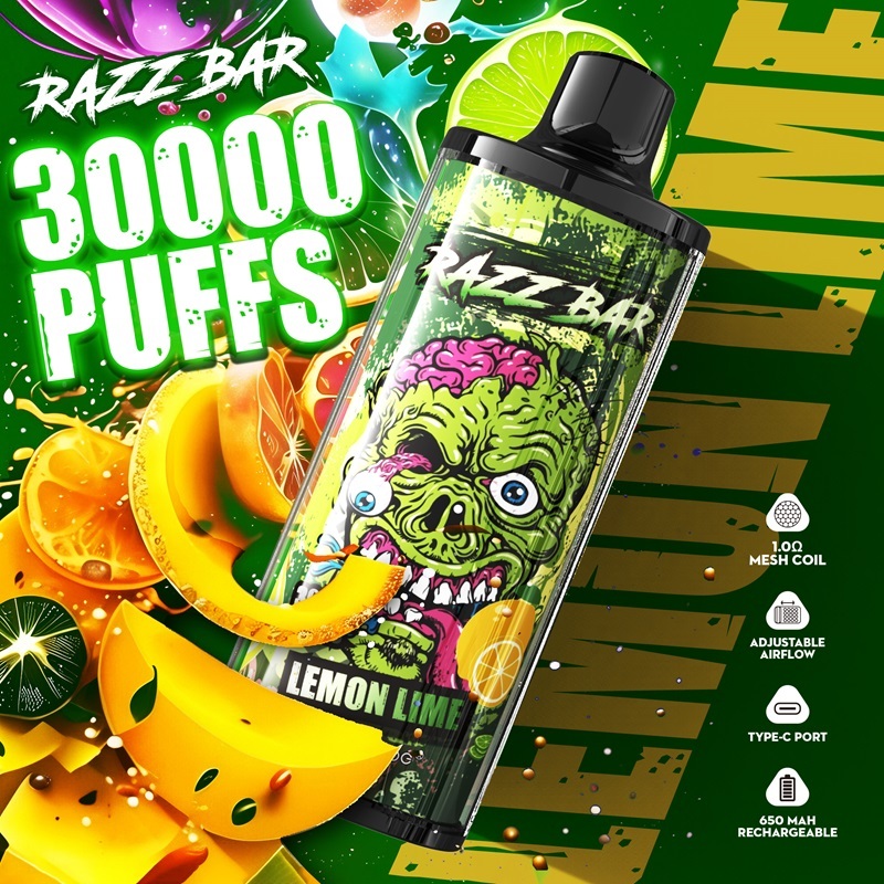 Razz Bar 30K Puffs Vape featuring Lemon Lime on a vibrant green and yellow background.