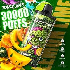 Razz Bar 30K Puffs Vape featuring Lemon Lime on a vibrant green and yellow background.
