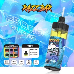 Razz Bar Vape shown, featuring Strawberry Ice flavor and tips for optimal use with 25K puffs vape.