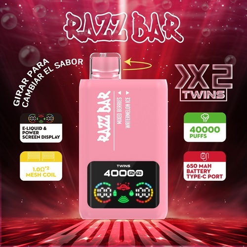 Razz Bar X2 kit featuring Mixed Berries and Watermelon flavors on a vibrant red background, showcasing the dual tank vape device.
