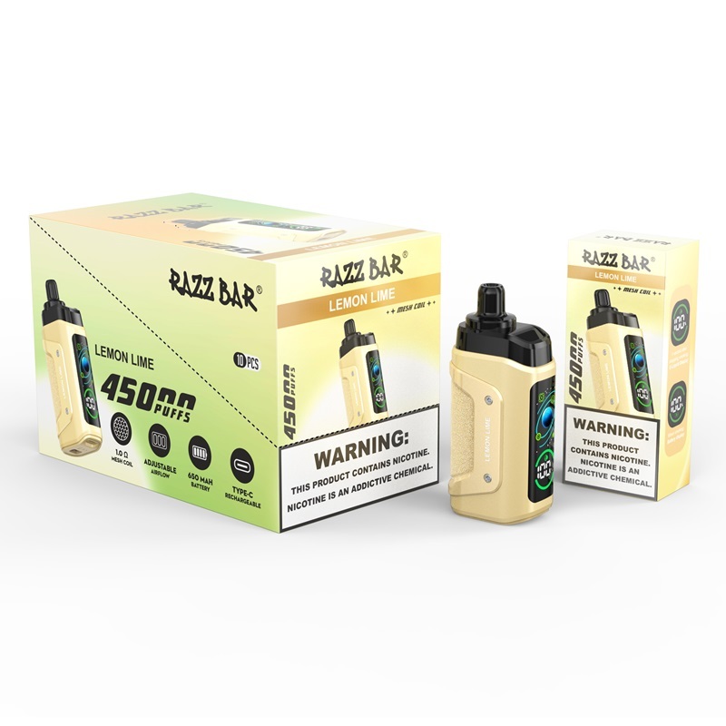 Razz Bar 45,000 Puffs Vape in flavor, lemon lime featuring the vape and the box of the vape.