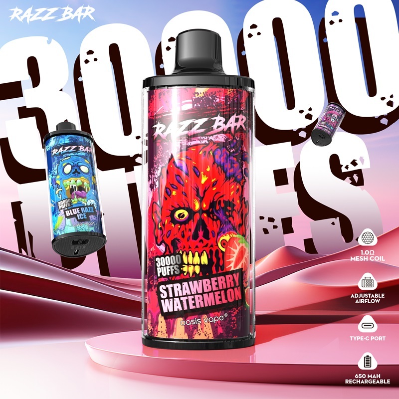 Razz Bar 30K Puffs Vape showcasing three flavors: Strawberry Watermelon, Blue Razz Ice, and Summer Dream with vape features.