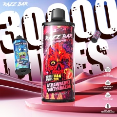 Razz Bar 30K Puffs Vape showcasing three flavors: Strawberry Watermelon, Blue Razz Ice, and Summer Dream with vape features.